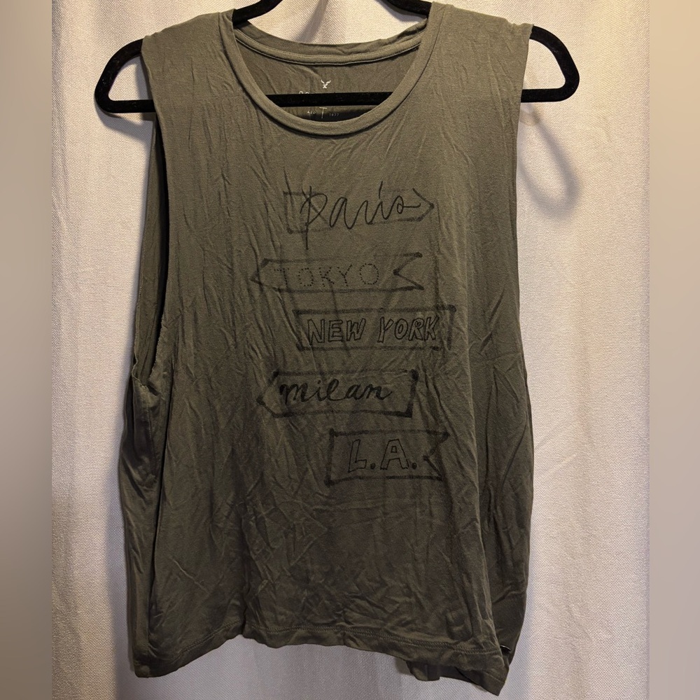 American Eagle Muscle Tank Top Soft and Sexy Paris LA Tokyo NY Milan Army Green